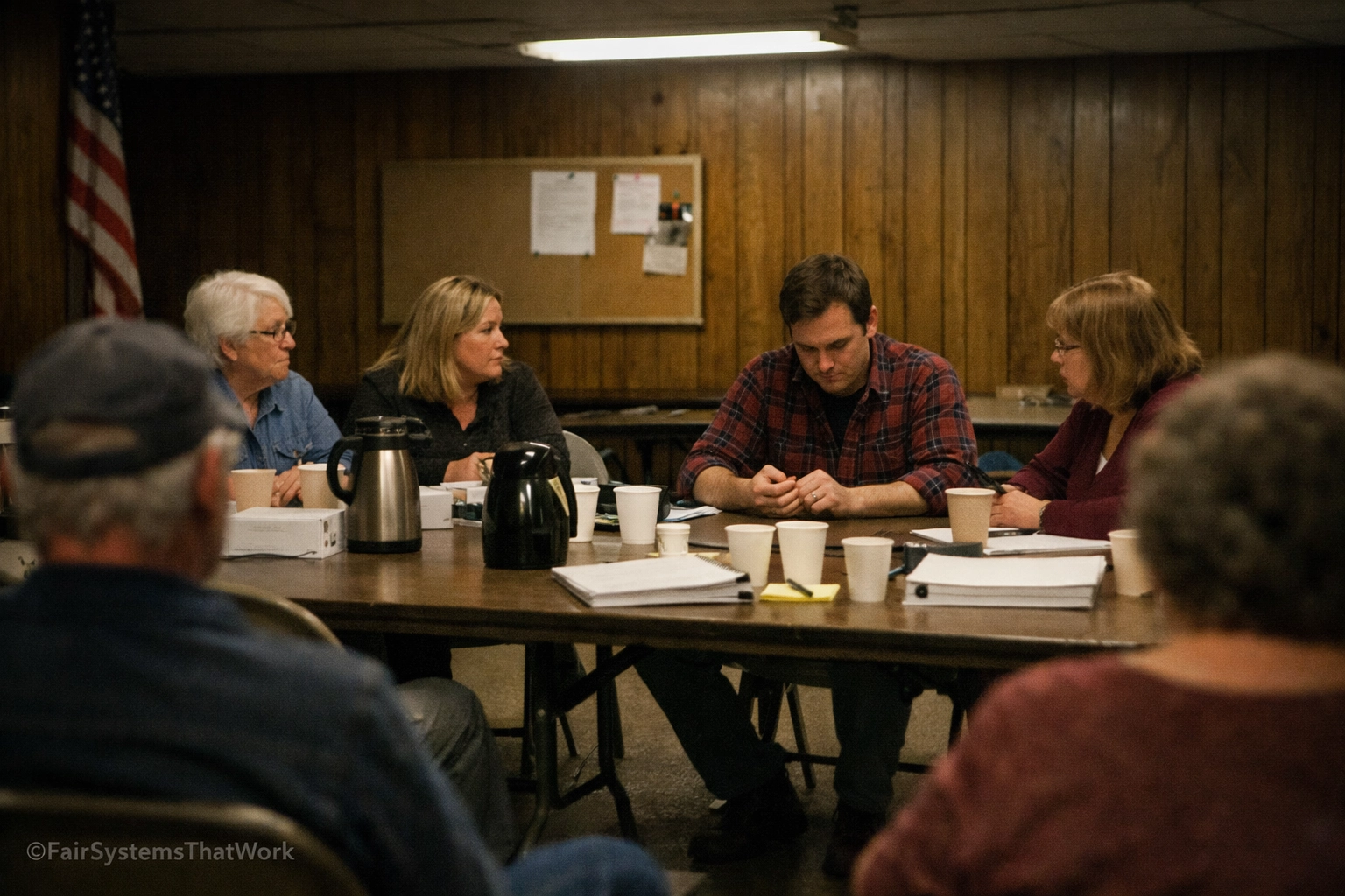 Board directors meeting at a community hall to discuss small-town governance issues.