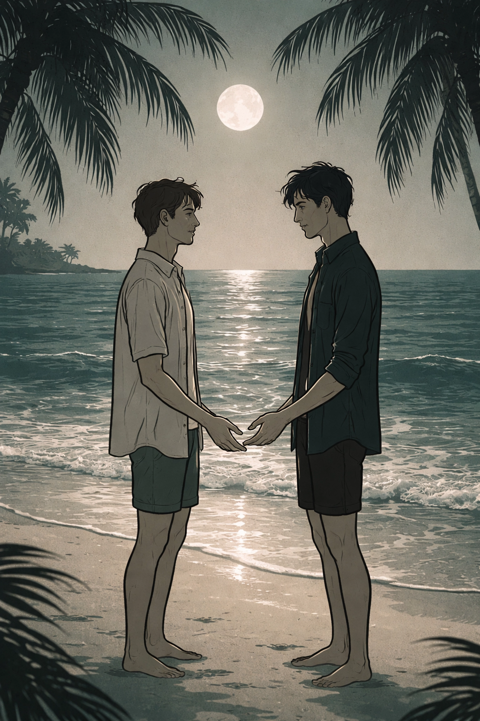 Two men nearly touching on a moonlit Miami beach, illustrating emotional vulnerability and the tension between radical honesty and guarded secrecy.
