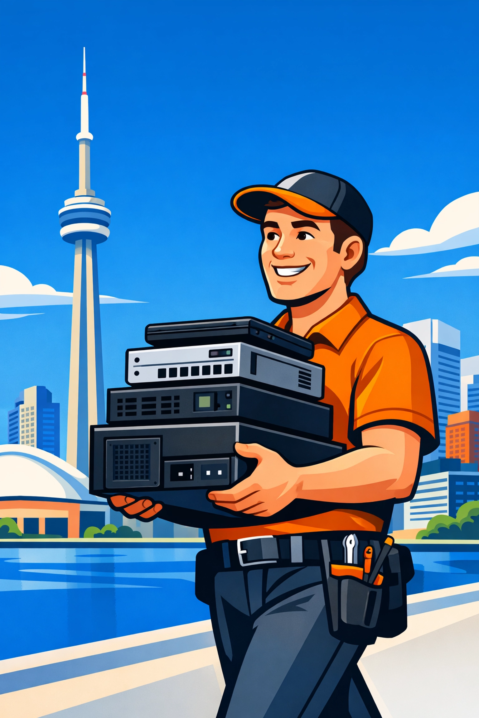 A friendly IT technician providing on-site managed IT services in Toronto with the CN Tower in the background.