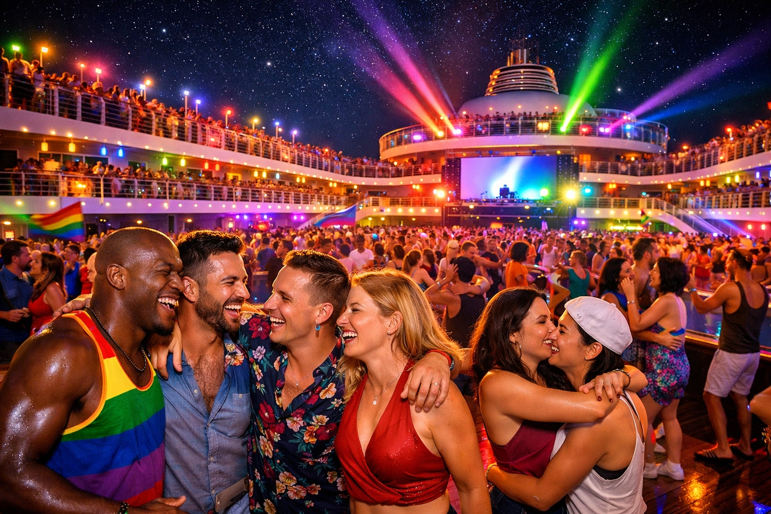 Modern LGBTQ+ cruise celebration with diverse couples dancing under rainbow lights at night