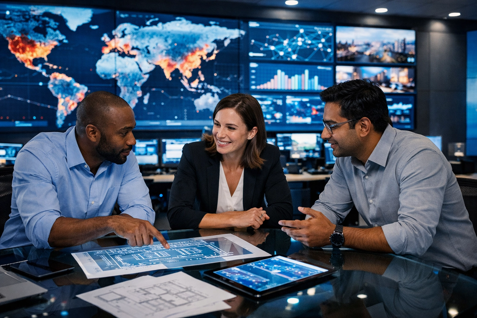 Dakdan experts using data analytics in a modern command center for strategic brand partnership consulting.