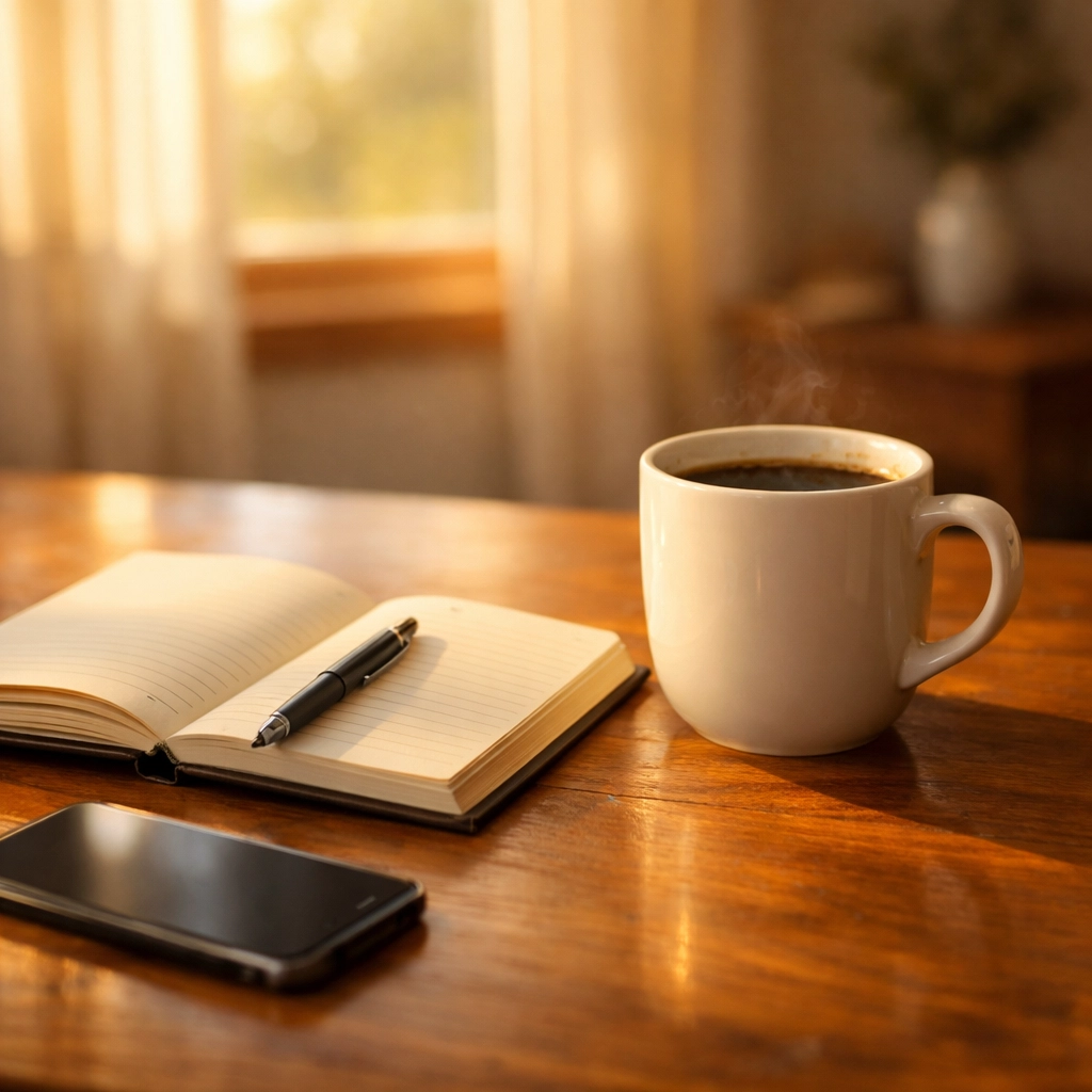 Peaceful 8 AM breakfast table with coffee, journal, and phone face-down in morning sunlight