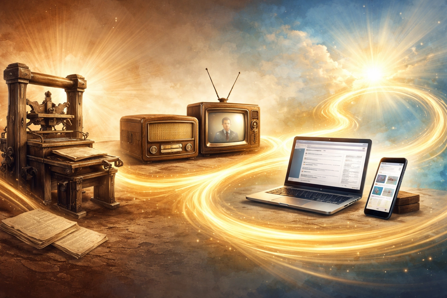 A timeline of communication technology from printing press to smartphone, showing innovation in spreading the gospel online and offline.