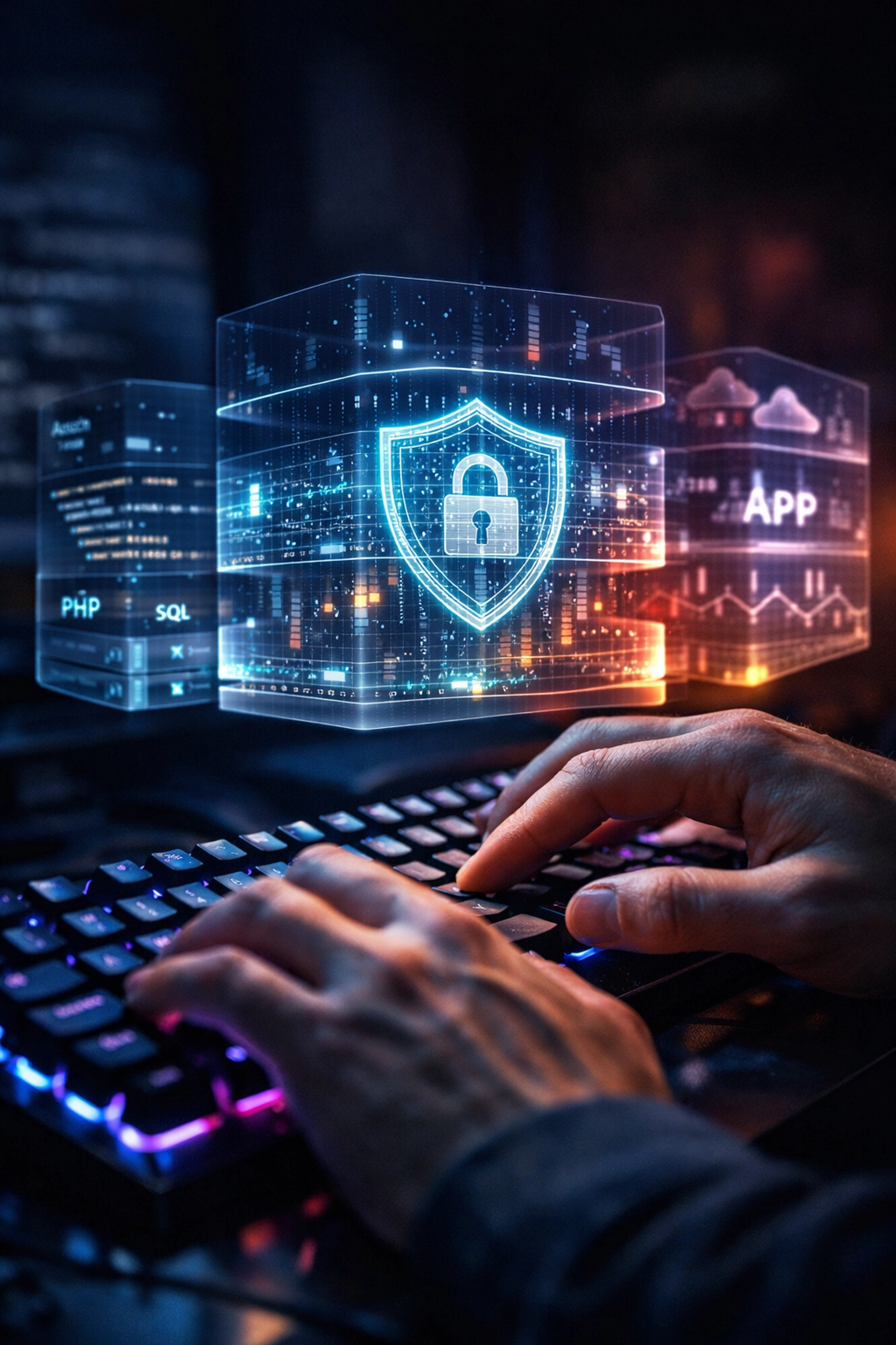 Developer hands typing on a keyboard with holographic programming stacks and a digital security shield.