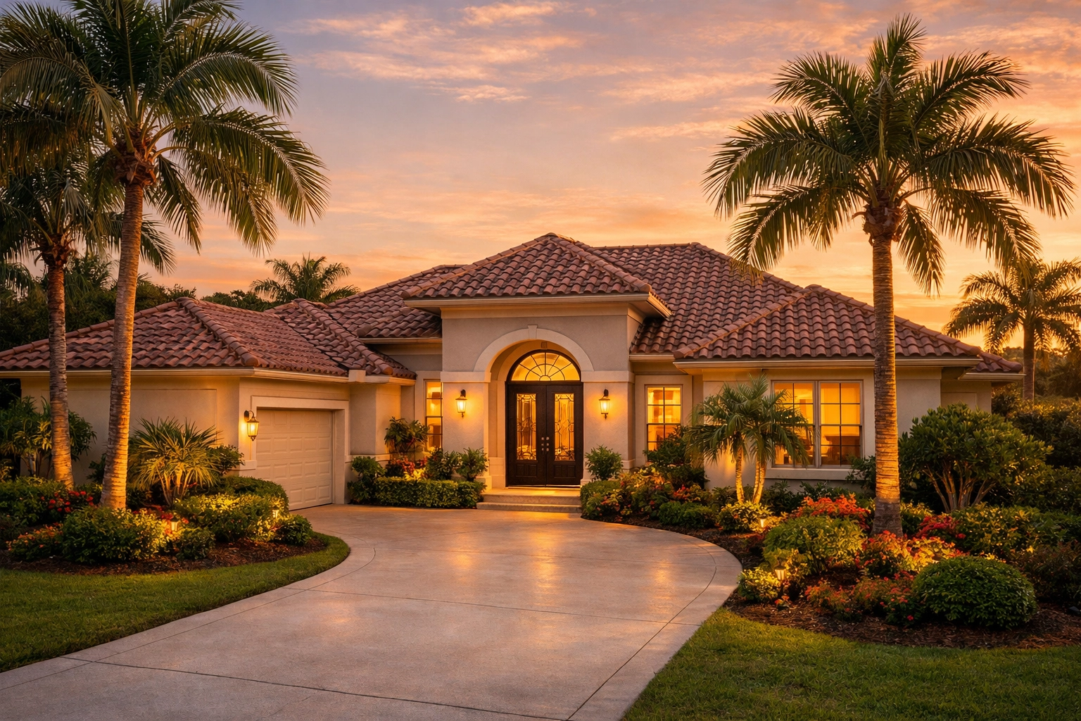 Beautiful Florida home exterior with palm trees and sunset lighting on Treasure Coast