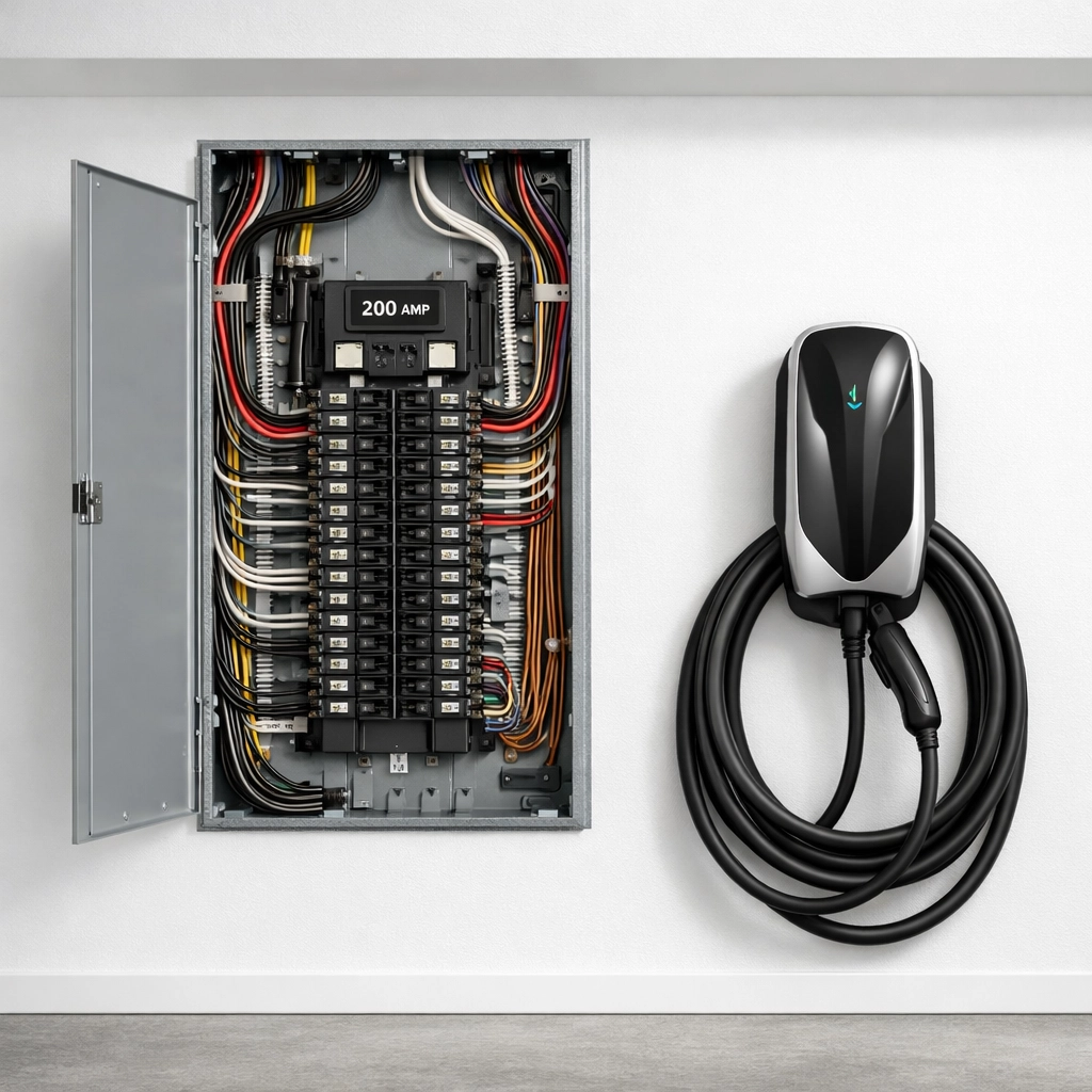 Professional 200-amp panel upgrade and EV charger installation in an Edmonton home garage.