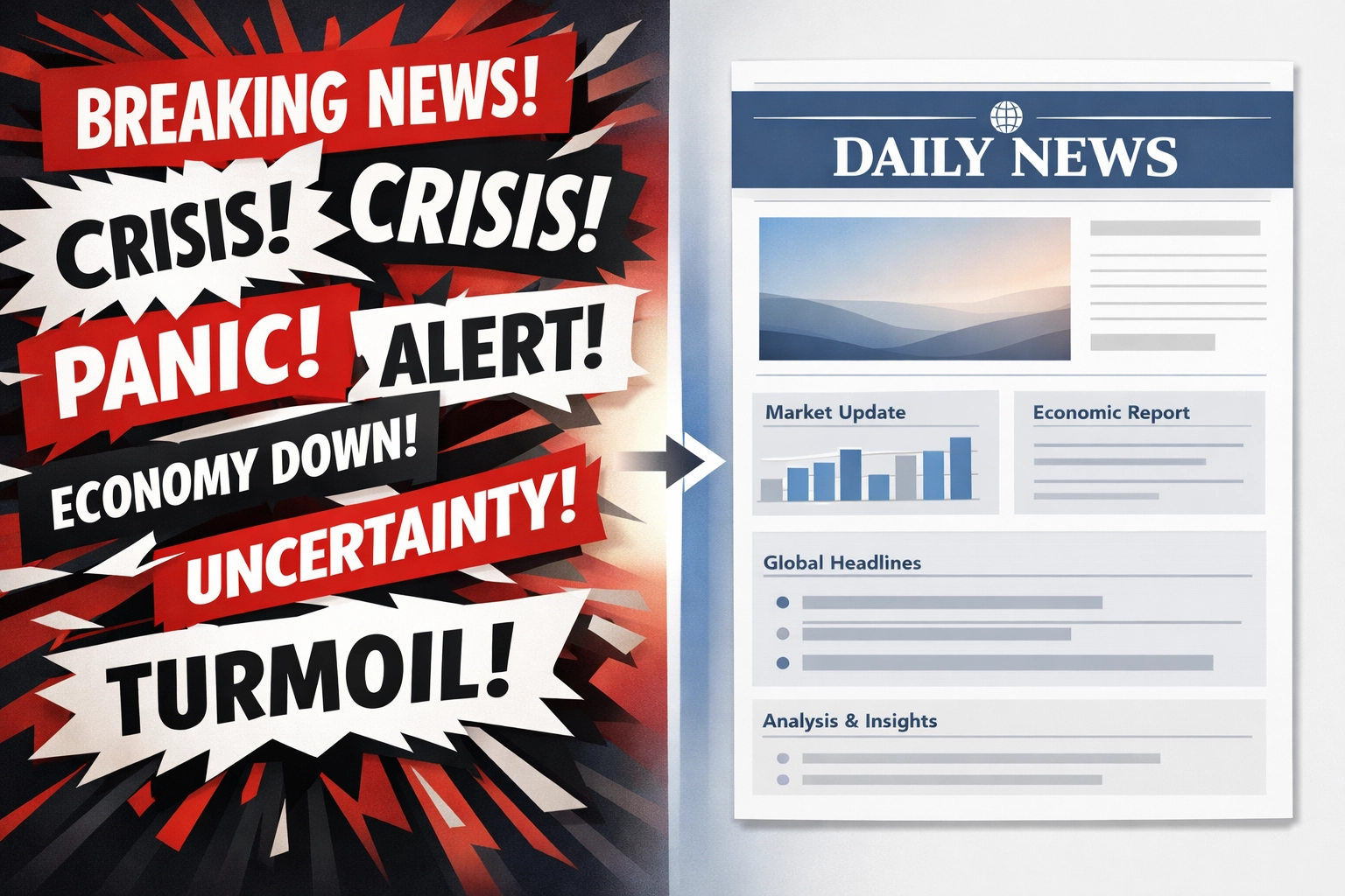 Organized news brief layout compared to chaotic headlines showing clarity