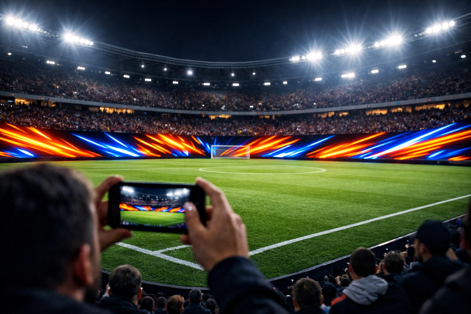 Fans engaging with digital perimeter DOOH boards in a stadium using their mobile devices.