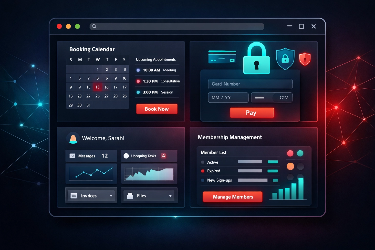 Industry-specific website features including booking systems, payment gateways, and client portals