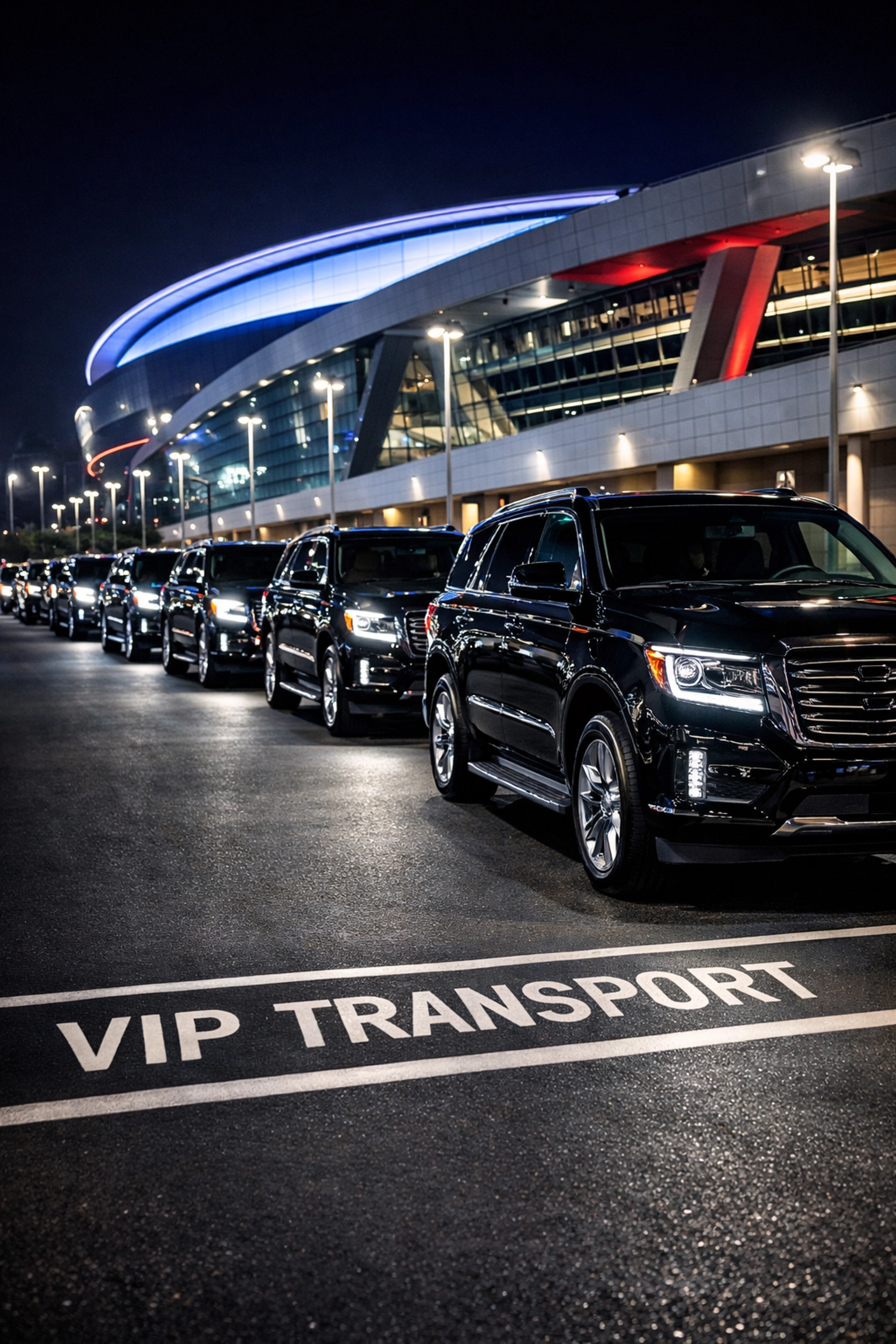 Private VIP transport fleet of black luxury SUVs parked outside a major sports stadium.