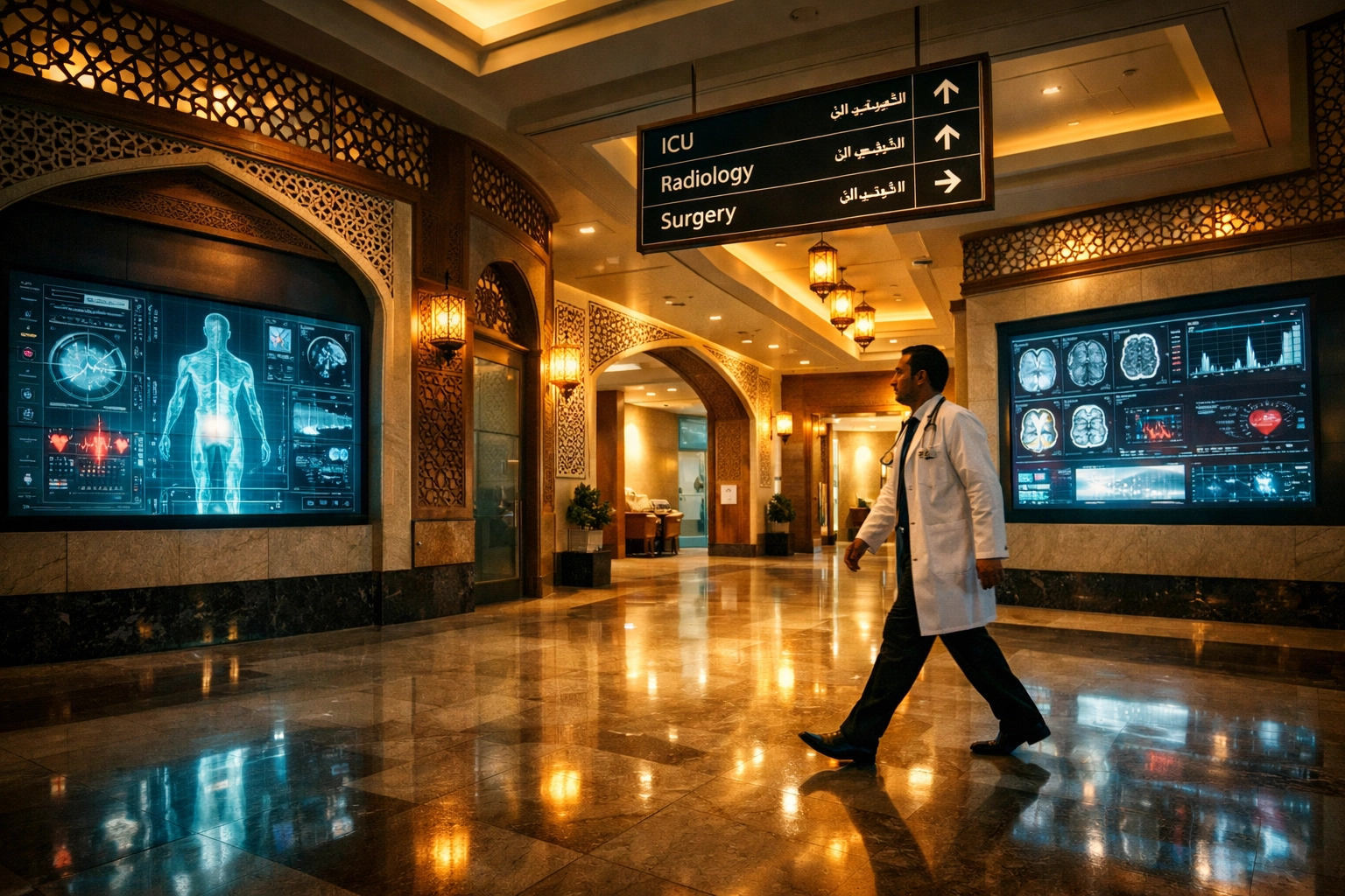 Contemporary hospital corridor in the Gulf blending Arabian architecture with medical technology