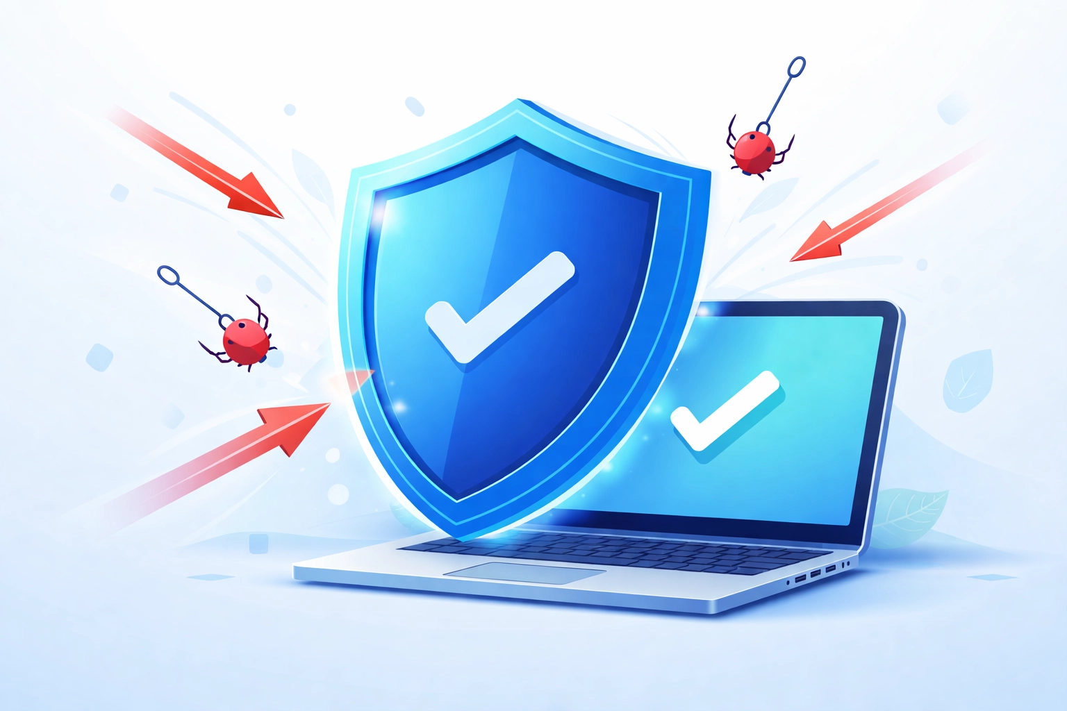 Vector illustration of a blue shield protecting a laptop from phishing and cyber threats, highlighting cybersecurity in Sarasota.