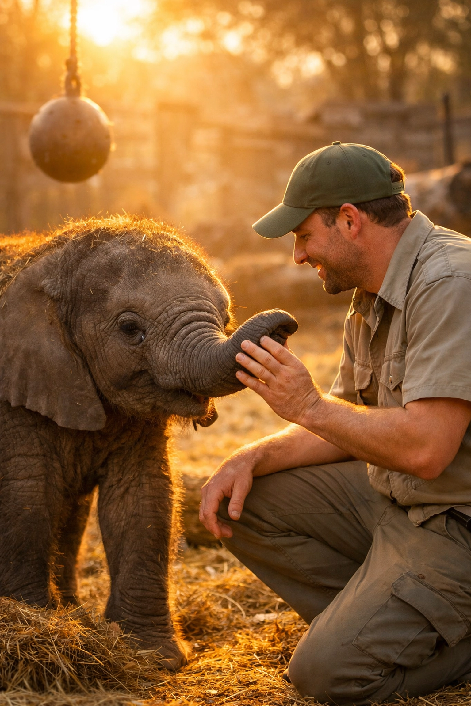 Zookeeper with baby elephant during behind-the-scenes training session at zoo