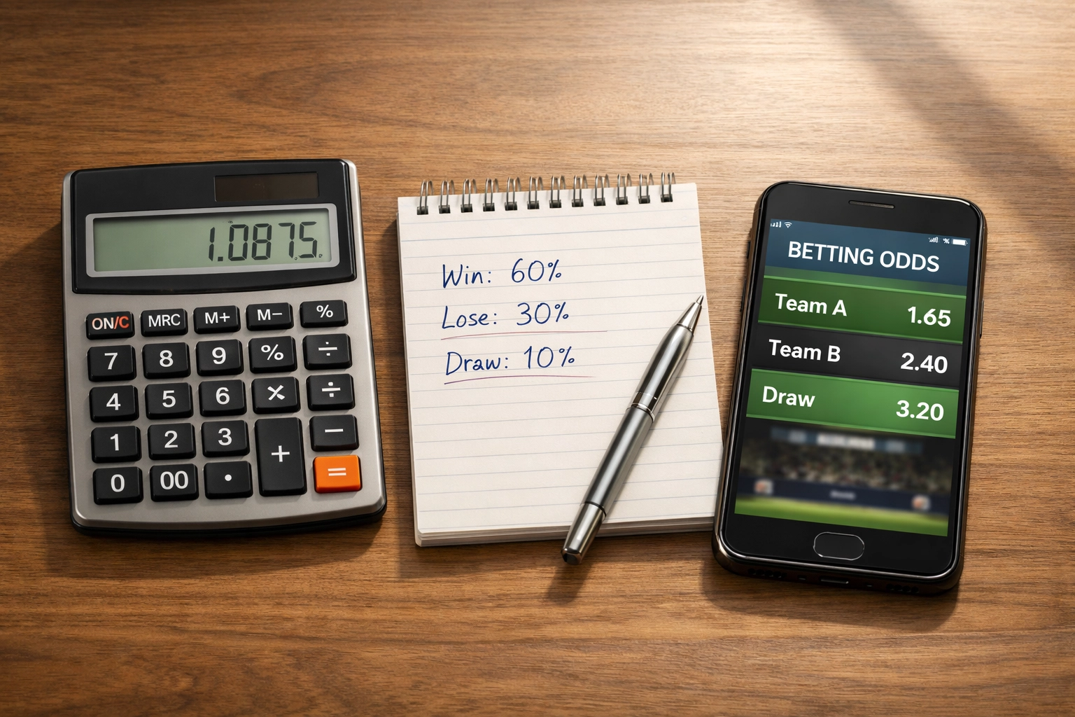 Value-Wetten Berechnung mit Taschenrechner und Wahrscheinlichkeiten auf Notizblock