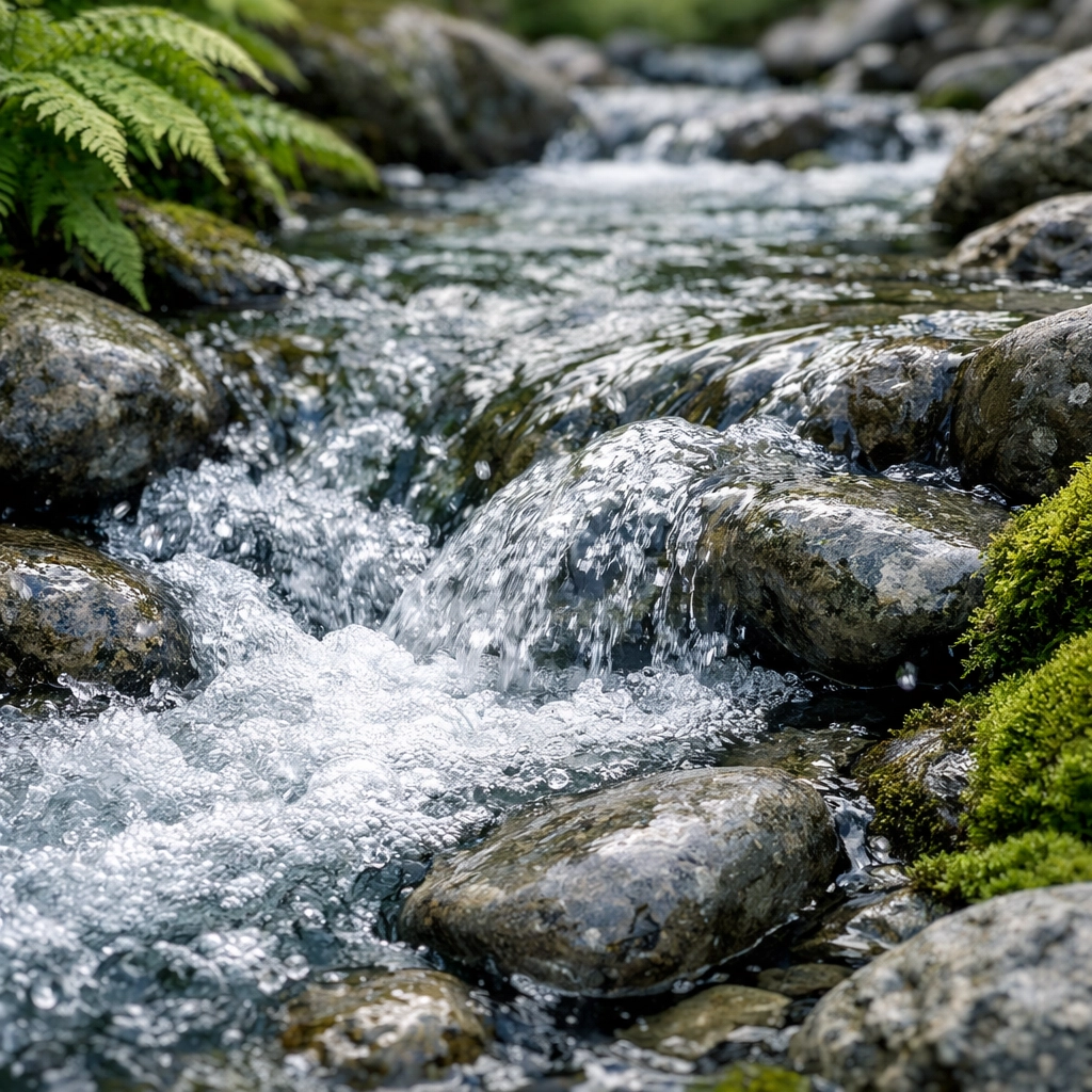 Clear bubbling mountain stream over grey stones, a vital water source for a camping adventure UK.