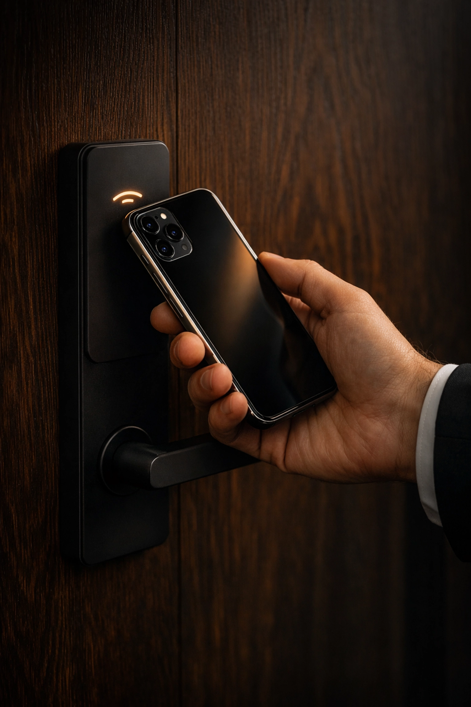 Close-up of a guest using a smartphone for contactless mobile check-in and digital key access at a modern hotel.