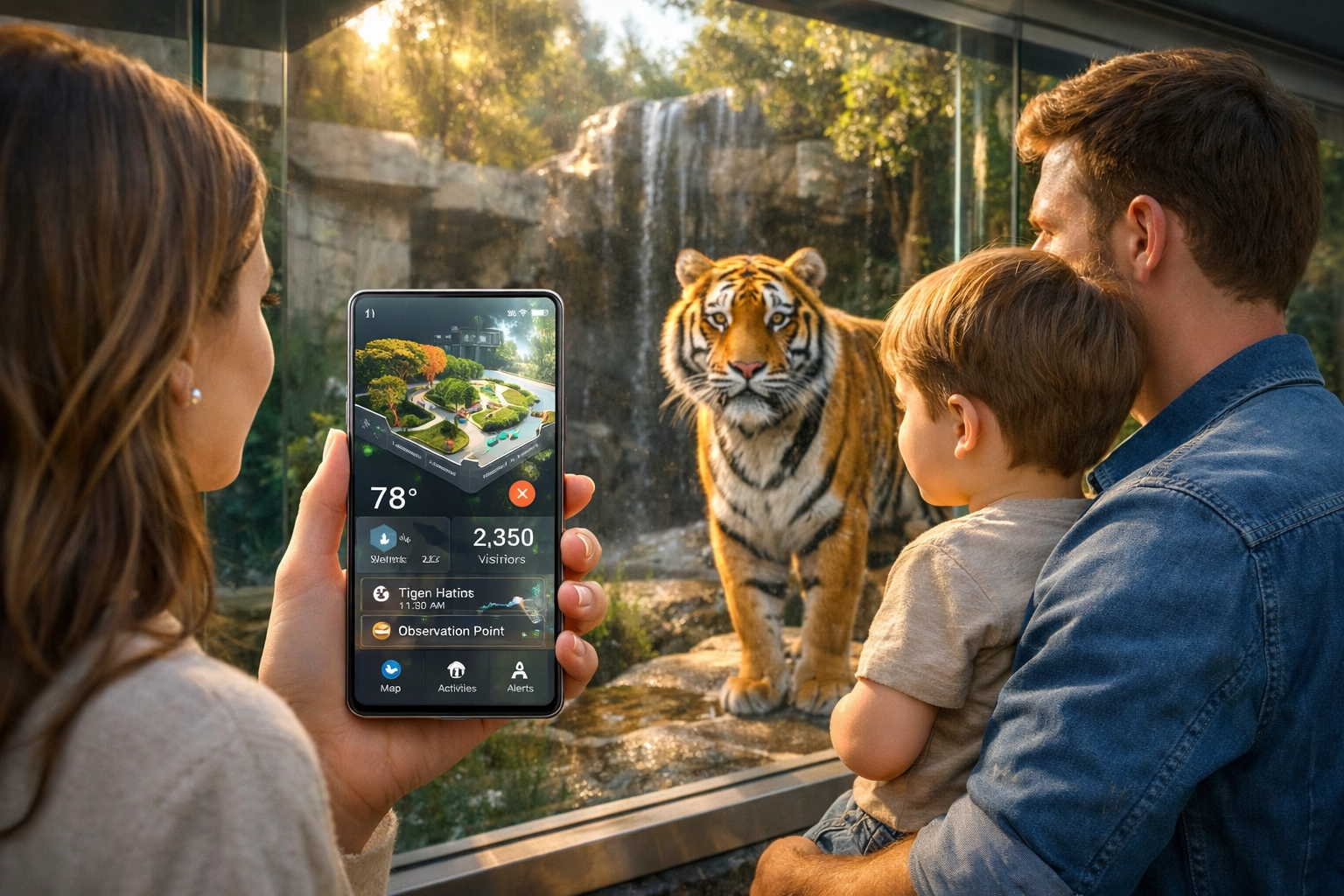 A family using a smart zoo mobile interface with real-time data to navigate a modern wildlife exhibit.
