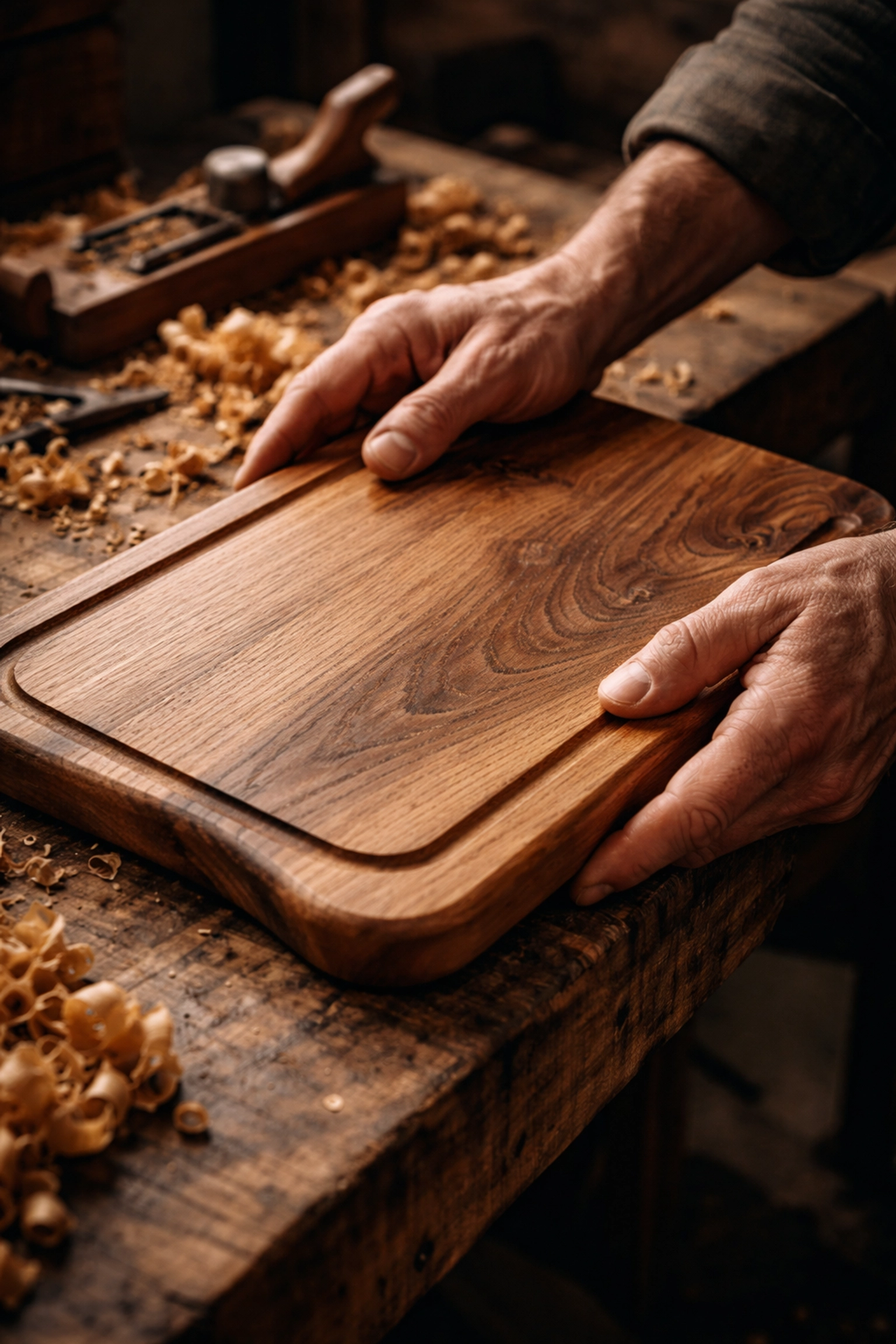 Artisan hands inspecting a handcrafted wooden cutting board, emphasizing quality craftsmanship at craft shows.