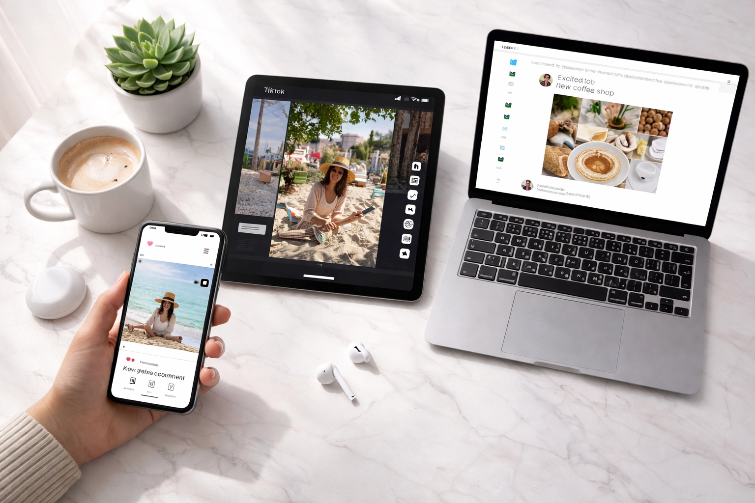 Smartphone, tablet, and laptop displaying social media content for startups on a bright marble workspace