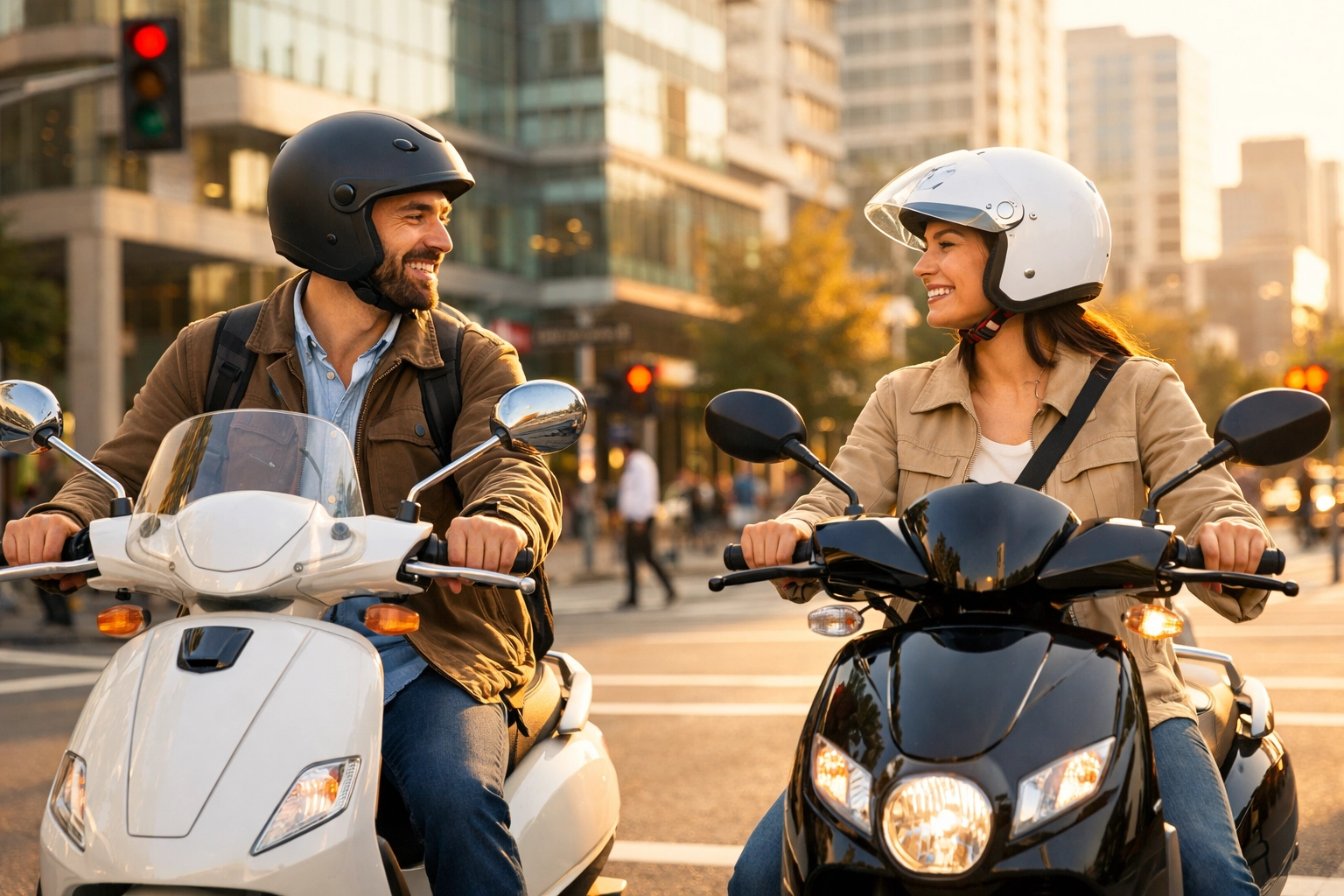 Two confident riders on modern Yamaha scooters at a city intersection, highlighting safe urban commuting.