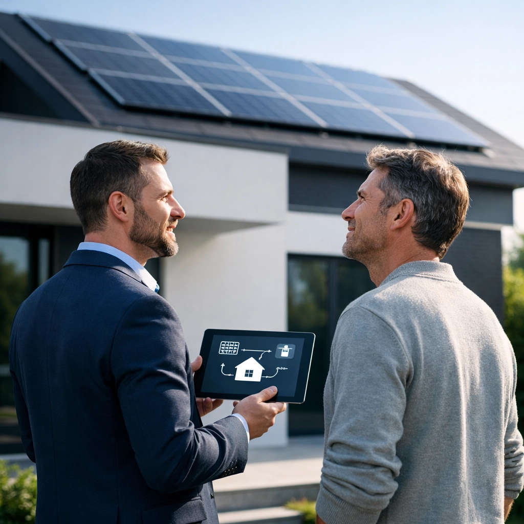 Expert de Solstice Energie expliquant l'investissement solaire à un propriétaire devant une maison au Québec.