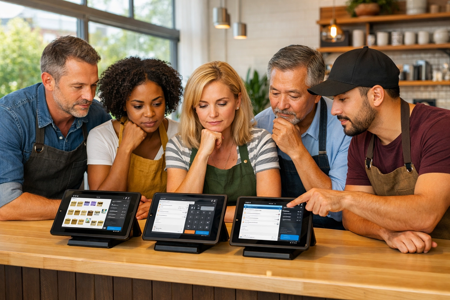 UK business owners comparing different POS systems at modern cafe counter