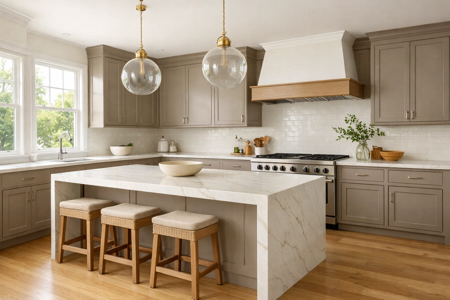 Sunlit Atlanta kitchen featuring professional cabinet painting in a soft mushroom-taupe neutral tone.