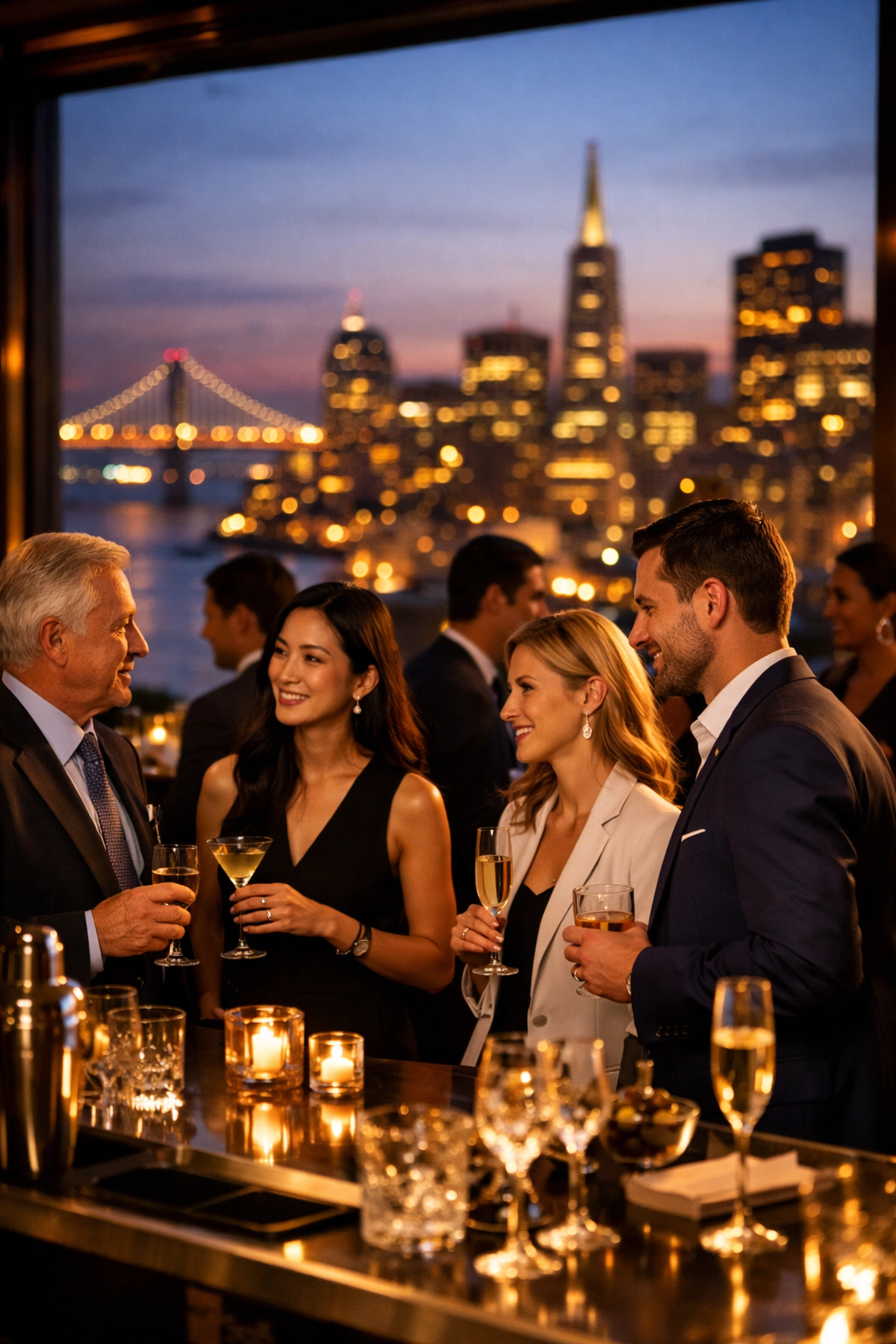 Executives networking at a high-stakes Super Bowl VIP cocktail reception with city skyline views.