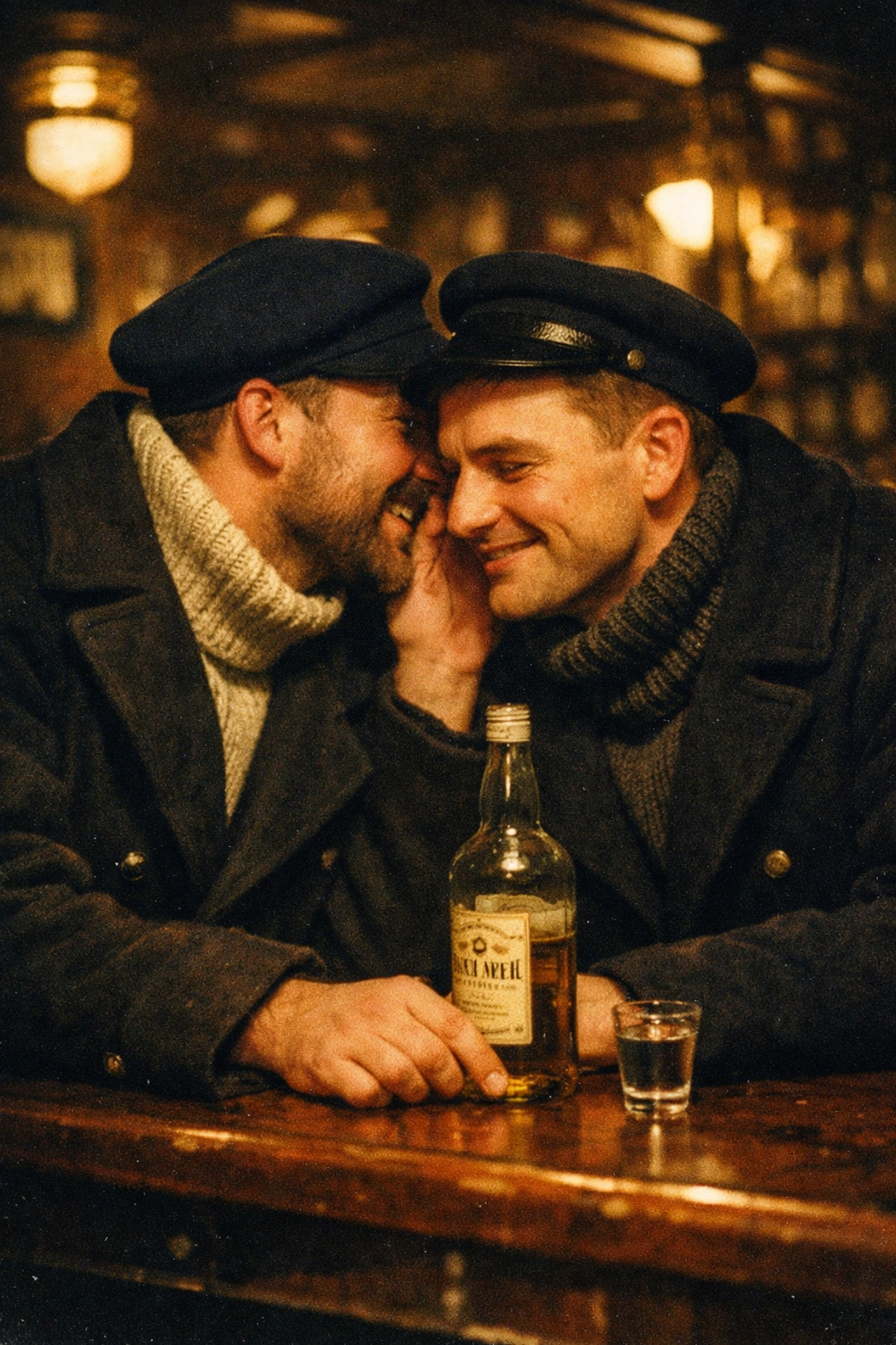Vintage gay historical romance scene showing two 1950s merchant sailors in a ship bar.