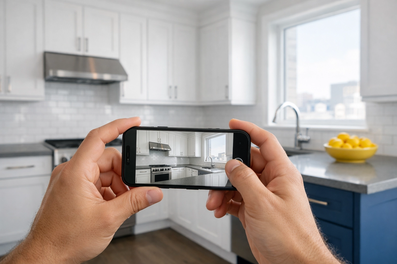 Documenting a clean kitchen with a smartphone for a Boston apartment move-out security deposit.