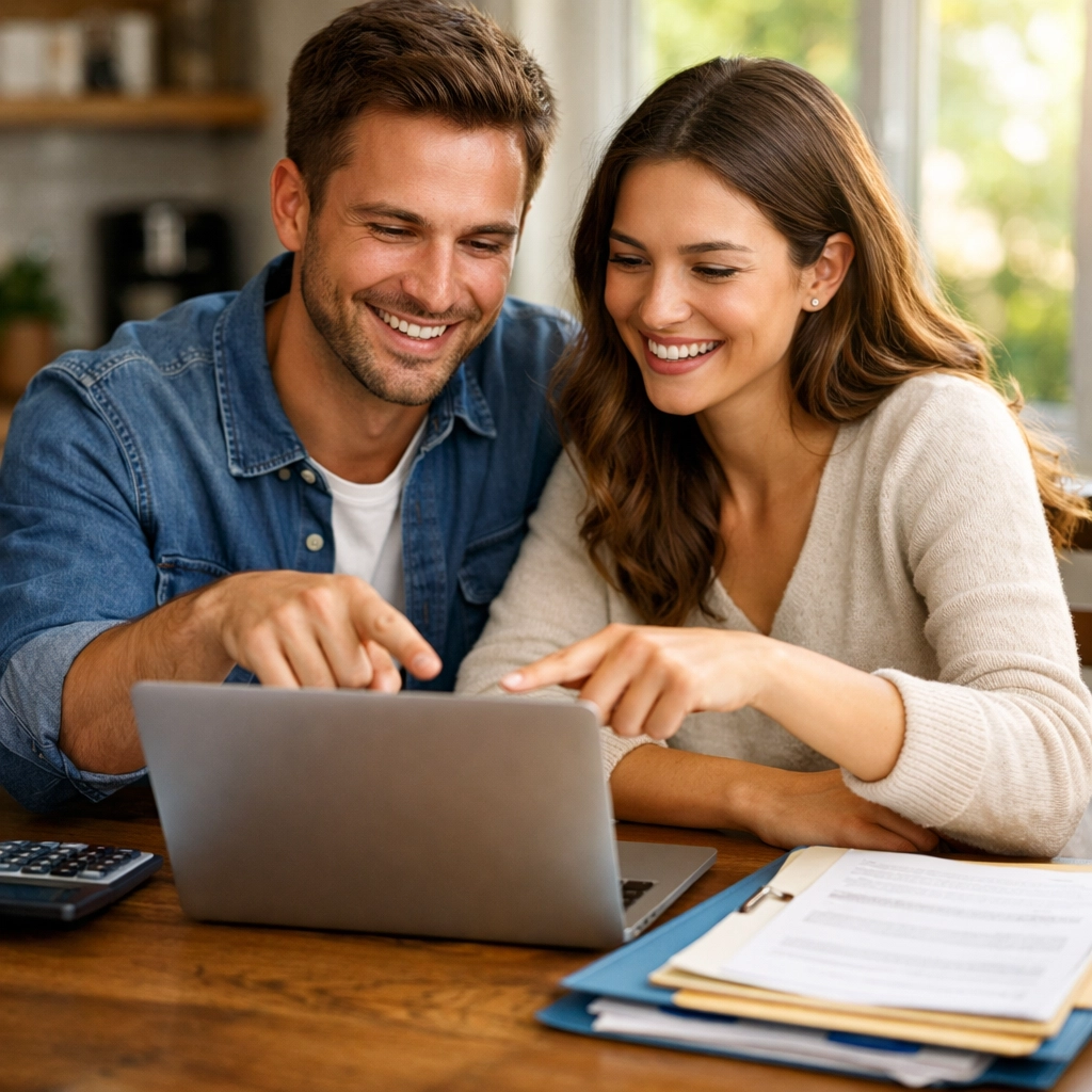 Couple reviewing mortgage application documents together at home