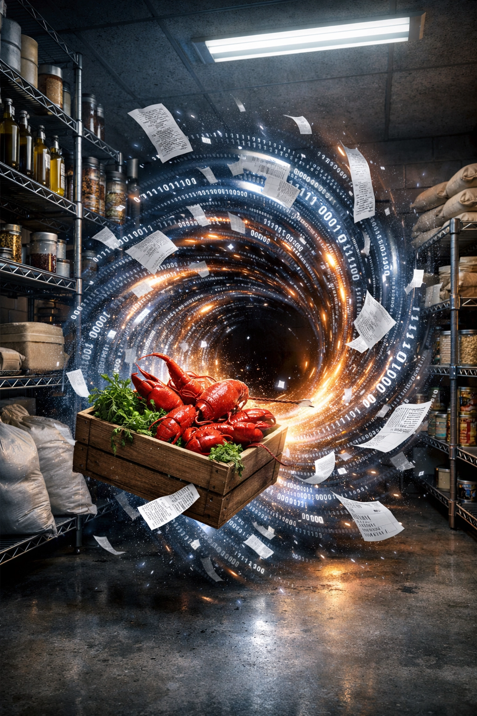 Fresh lobsters in a storage room disappearing into a digital hole, illustrating restaurant food waste and inventory loss.