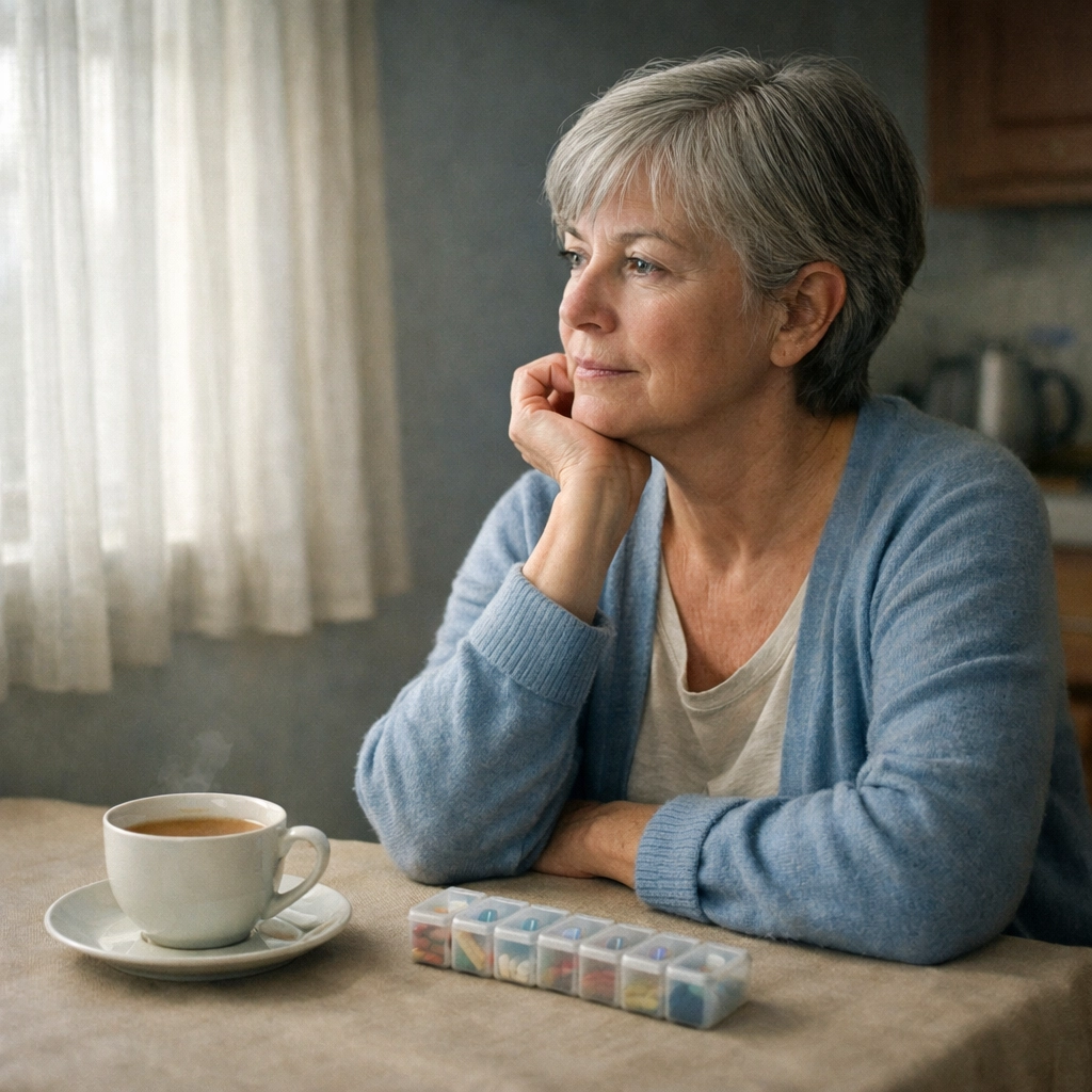 Woman with COPD sitting alone at home with medication, reflecting the invisible daily struggles