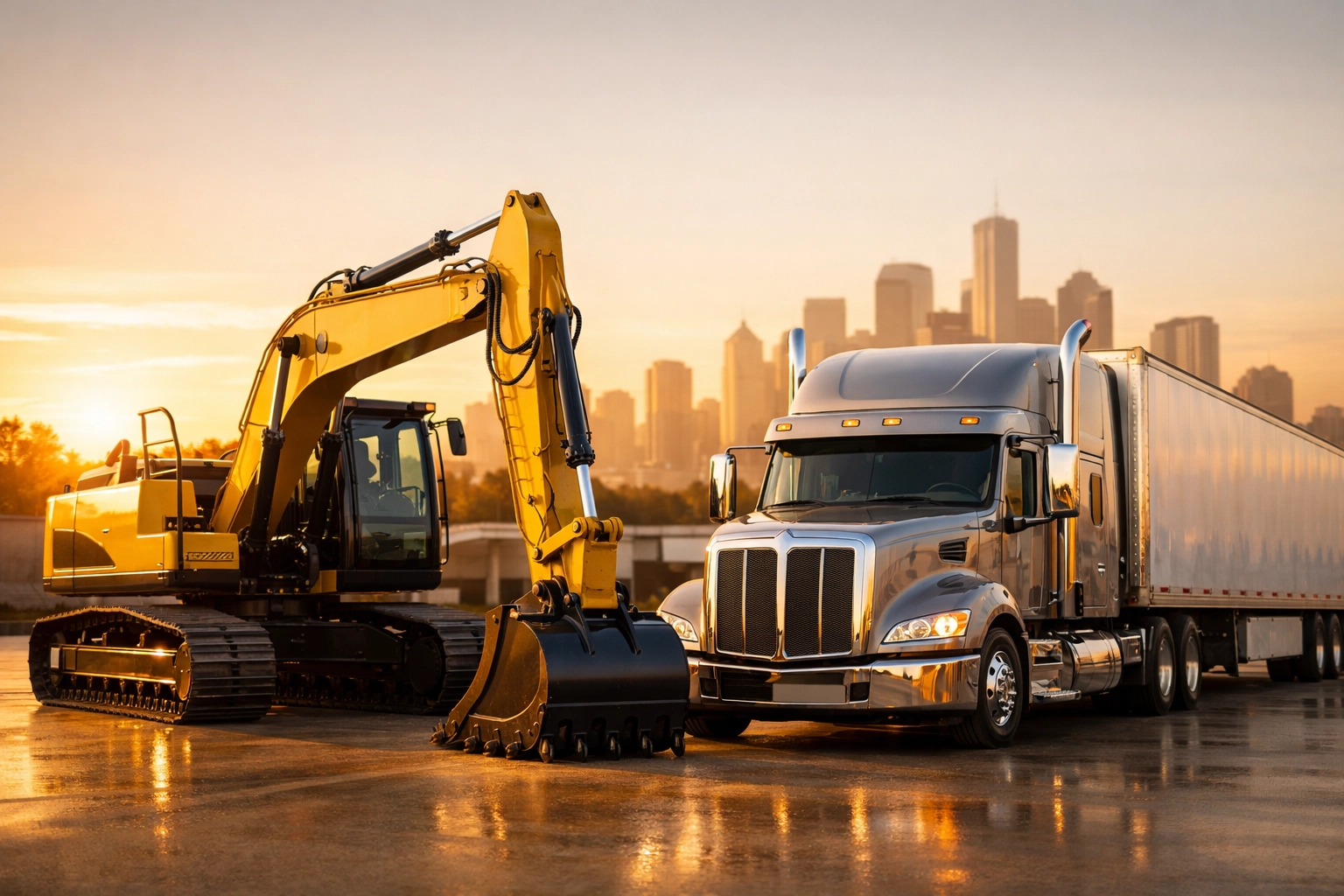Modern excavator and commercial truck in a sunny logistics yard, highlighting construction and transport equipment loans.