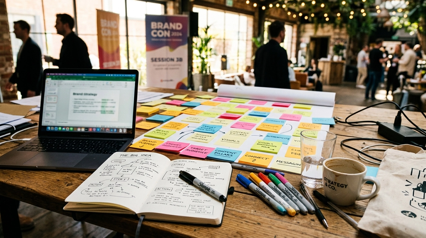 Brand strategy table with sticky notes, laptop, and notebook