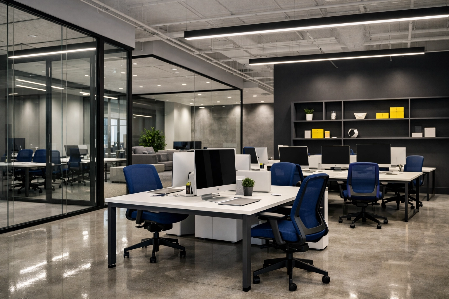 Spotless office cleaning Cambridge in a modern Alewife startup workspace with white workstations.