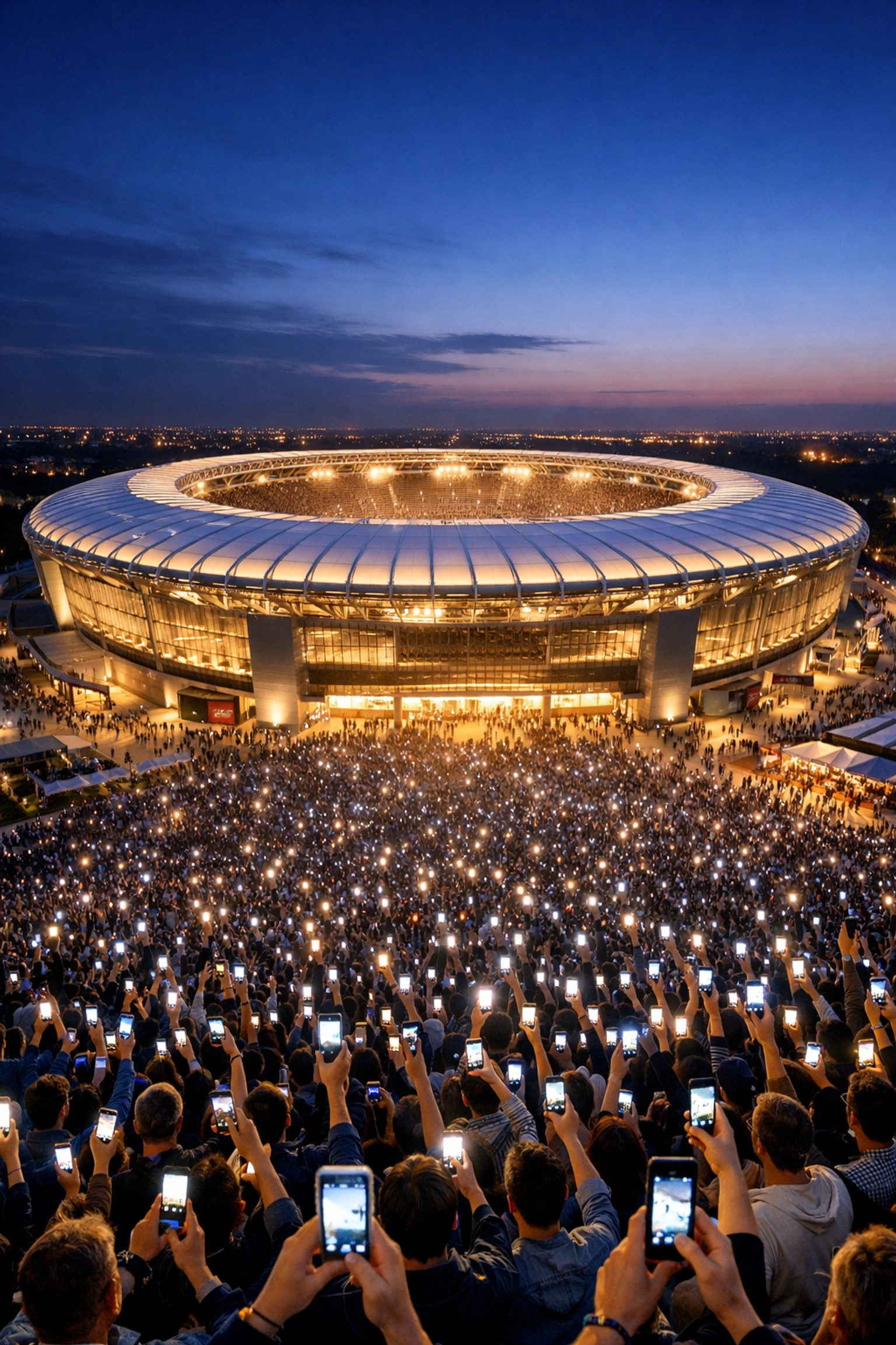 Crowds at a Super Bowl stadium using smartphones for digital brand amplification and visibility.