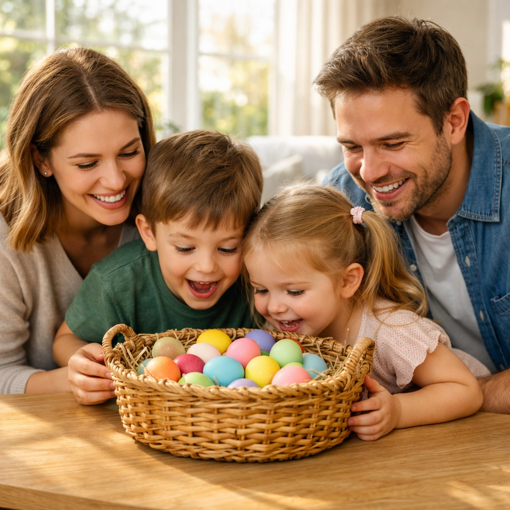 Happy family enjoying Easter traditions in a sunlit, modern Yate family home.