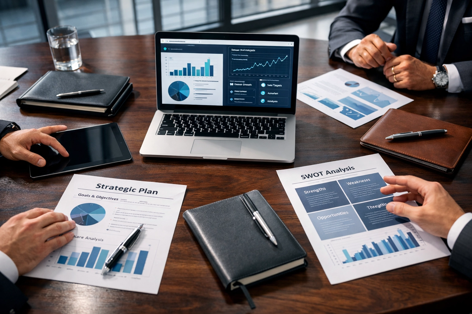 Strategic consulting session with business analytics and planning documents on conference table