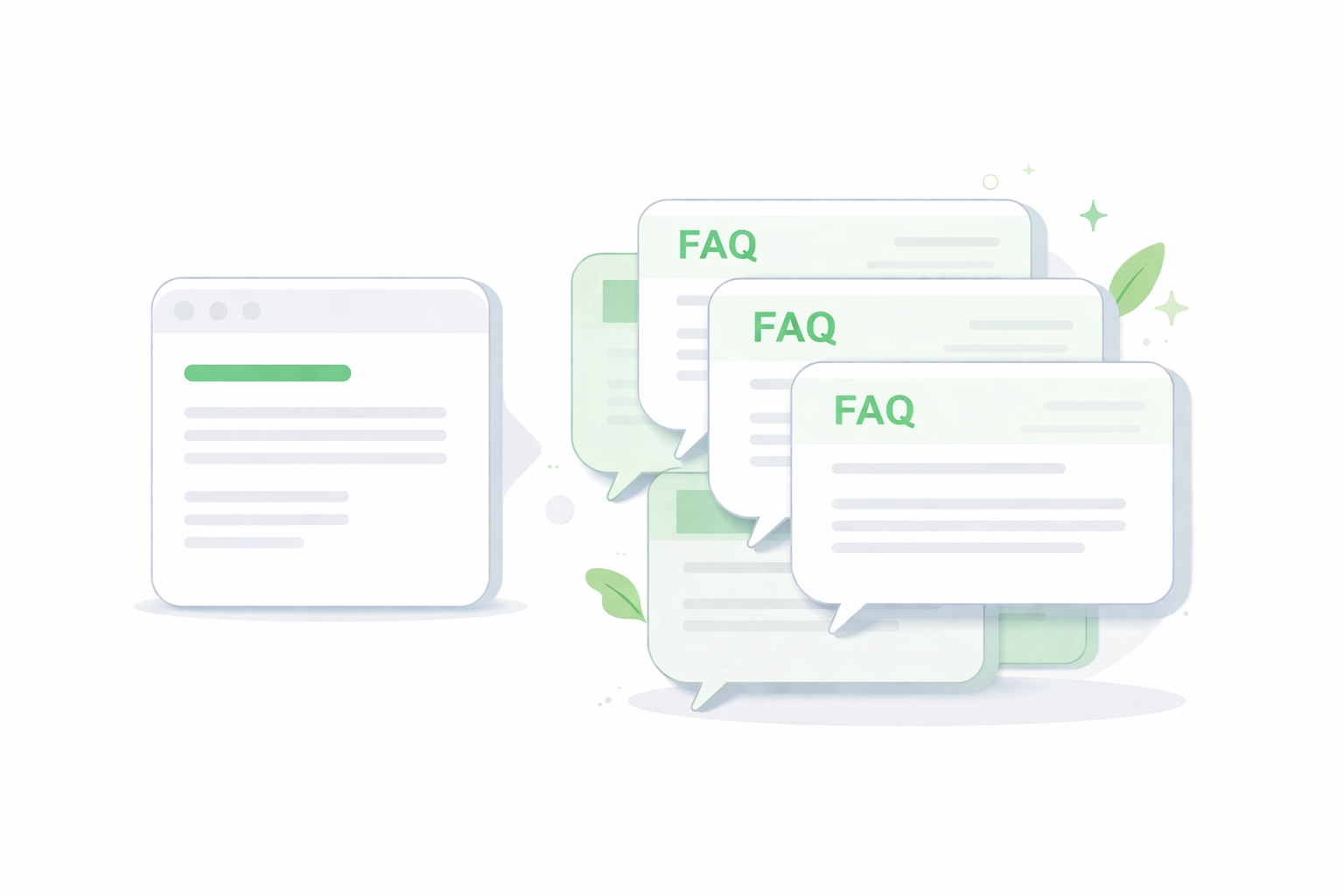 Webpage icon with expanding FAQ bubbles, representing comprehensive content coverage for AI optimization