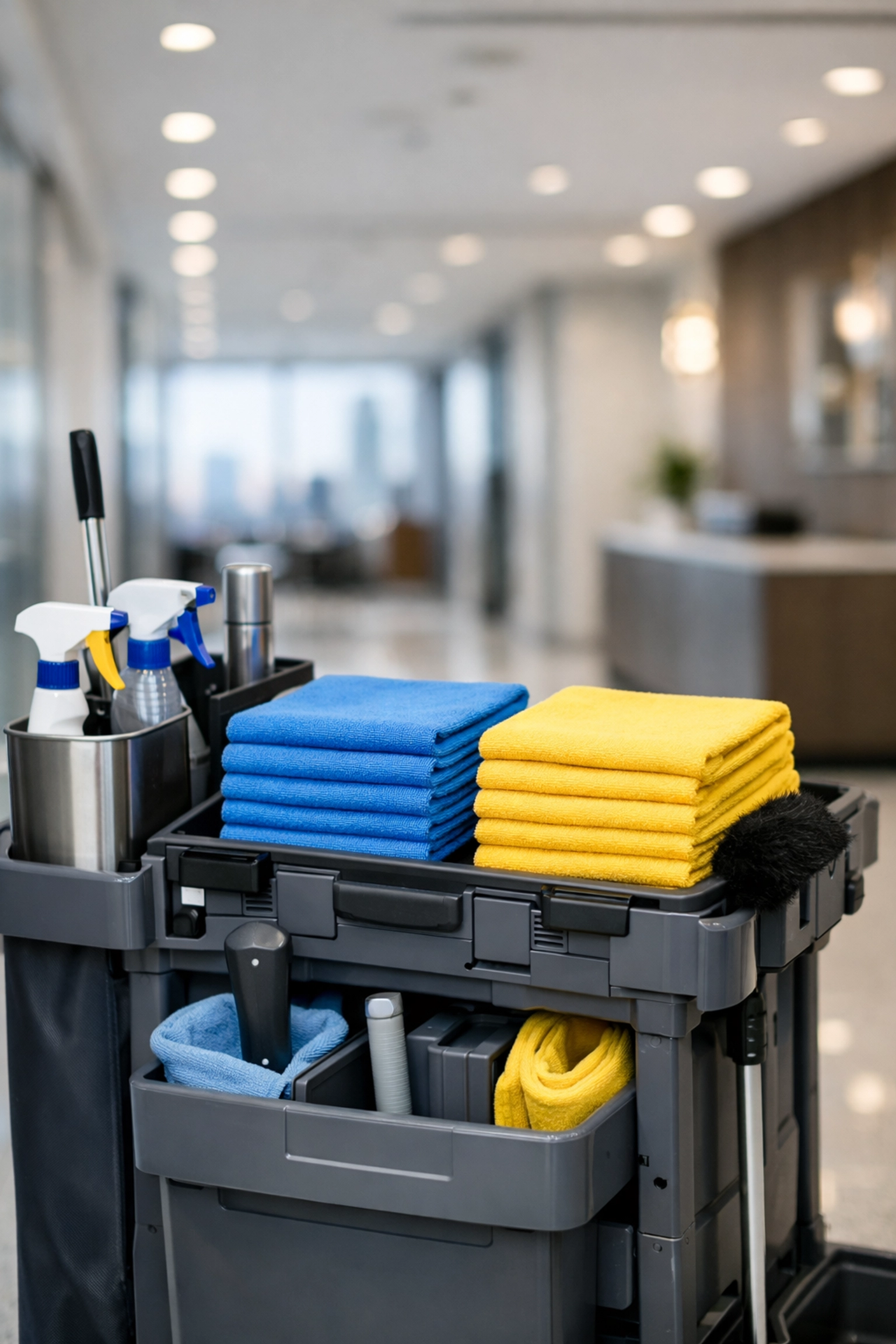 Organized cleaning station for professional janitorial services Boston MA in a corporate hallway.