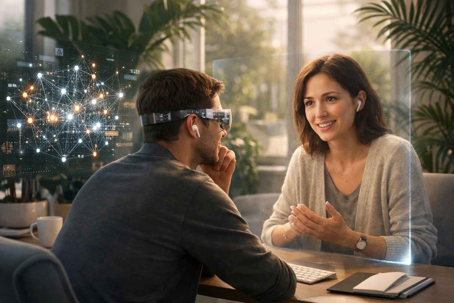 Remote tech worker using augmented reality to manage data while maintaining human empathy and connection.