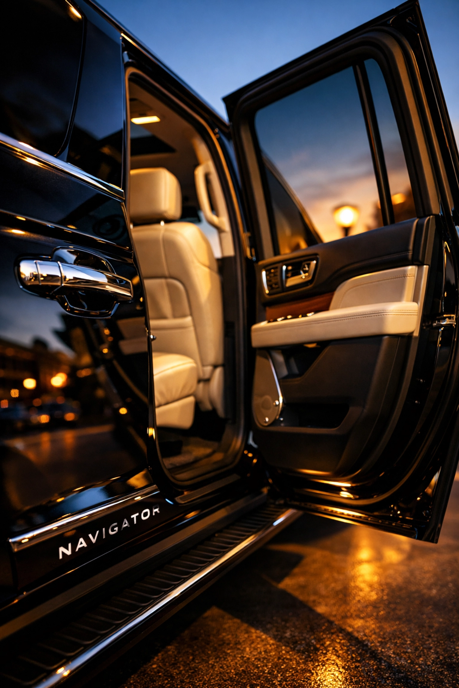 The elegant leather interior of a Lincoln Navigator, offering quiet luxury for private car services in Niagara.