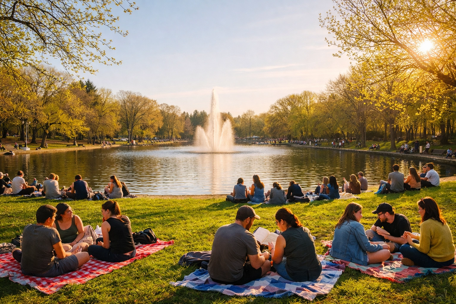 Friends enjoy a sunny spring picnic near the pond at Parc La Fontaine in Montreal.