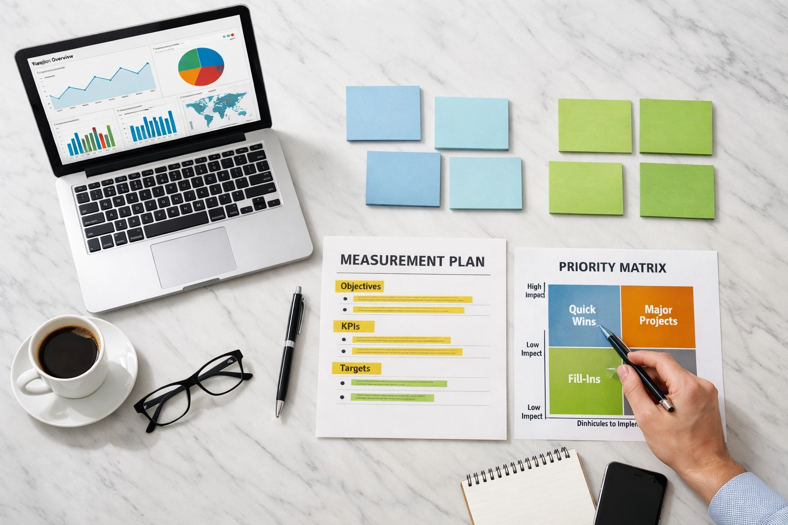 GA4 measurement plan with analytics dashboards and priority documentation on conference table