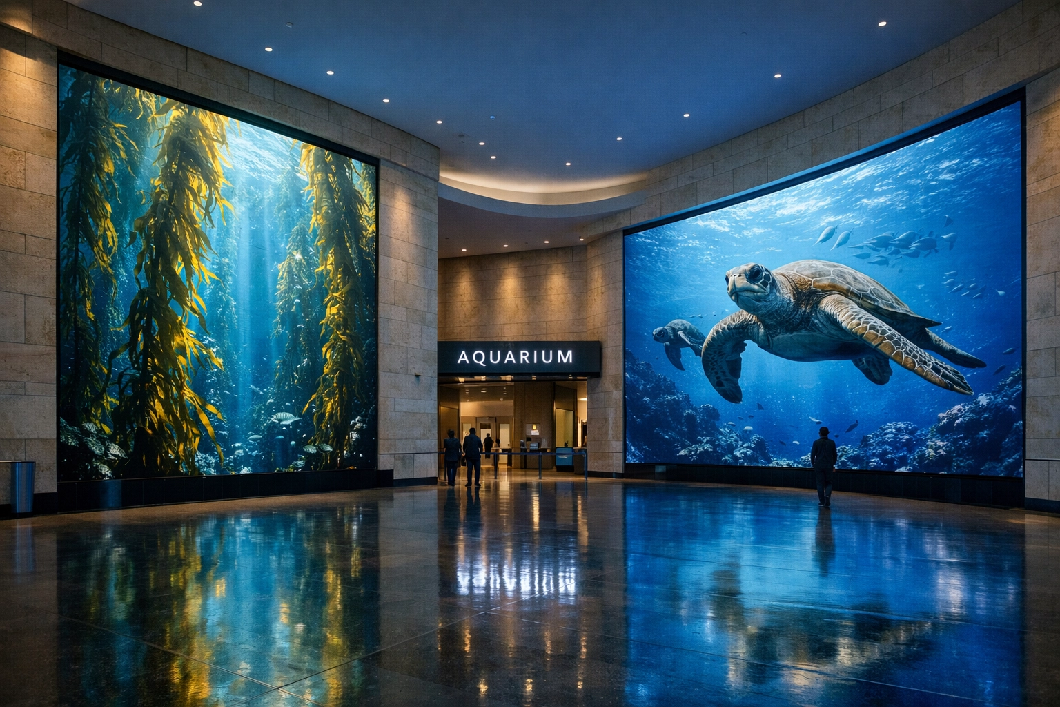 Large interactive digital media displays in an aquarium lobby providing an immersive visitor experience.
