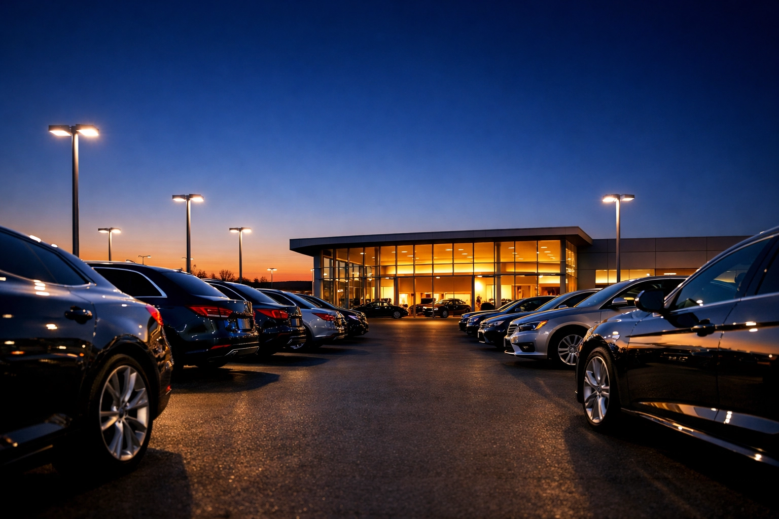 Modern automotive dealership lot at twilight representing Dakdan’s national transportation marketing network.