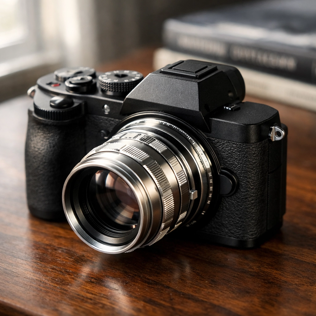 A matte-black mirrorless camera with a vintage lens, ideal for learning how to use manual mode camera.