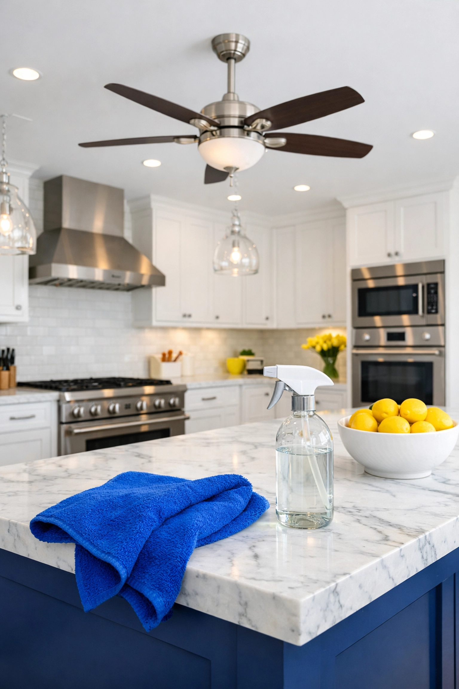 A spotless modern kitchen featuring a ceiling fan, microfiber cloth, and safe cleaning supplies.