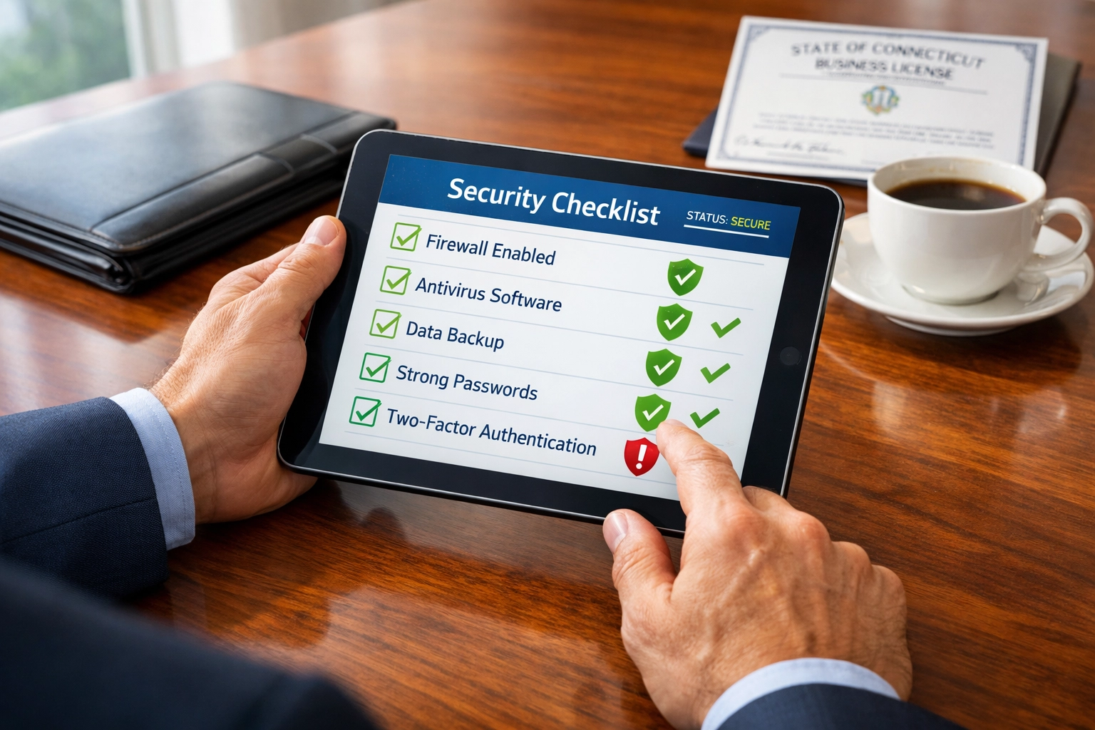Connecticut business owner reviewing cyber insurance checklist on tablet for AI security compliance